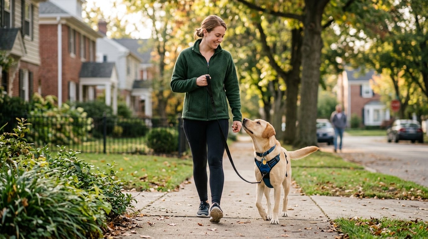 Dog walking calmly beside owner on a loose leash