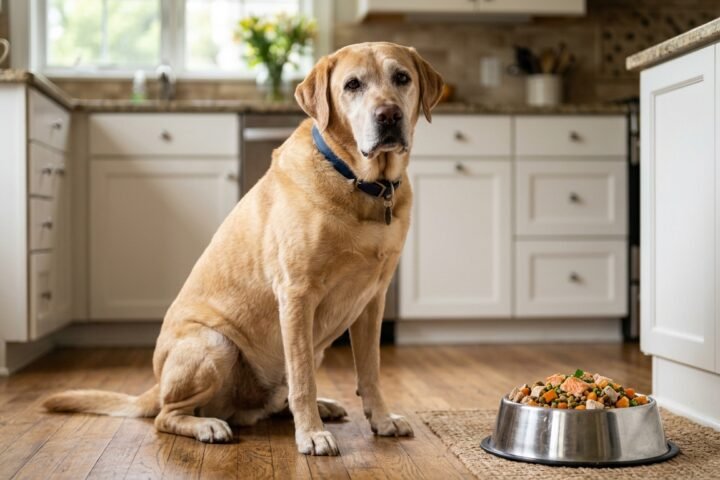 Senior dog nutrition with a healthy balanced meal in a bowl