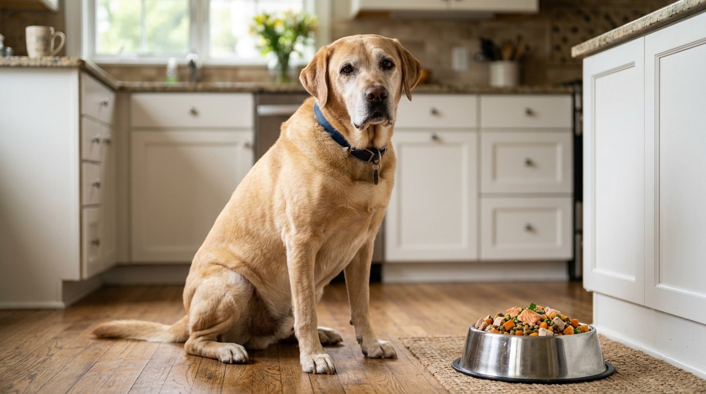 Senior dog nutrition with a healthy balanced meal in a bowl