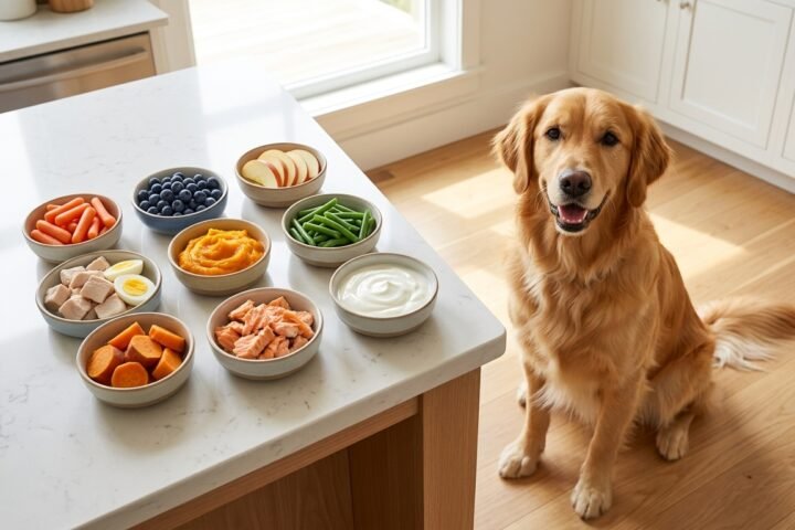 Best human foods for dogs including safe fruits, vegetables, chicken, eggs, and salmon