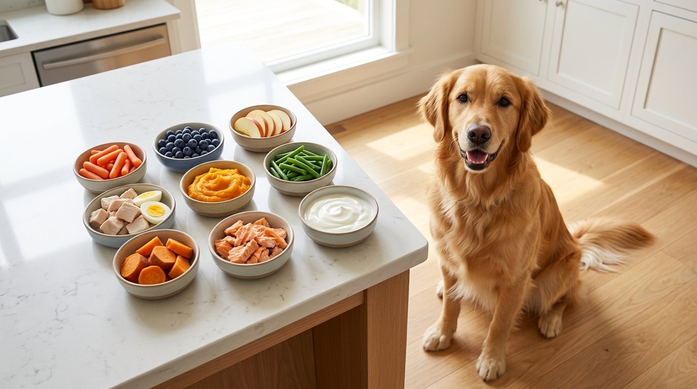 Best human foods for dogs including safe fruits, vegetables, chicken, eggs, and salmon