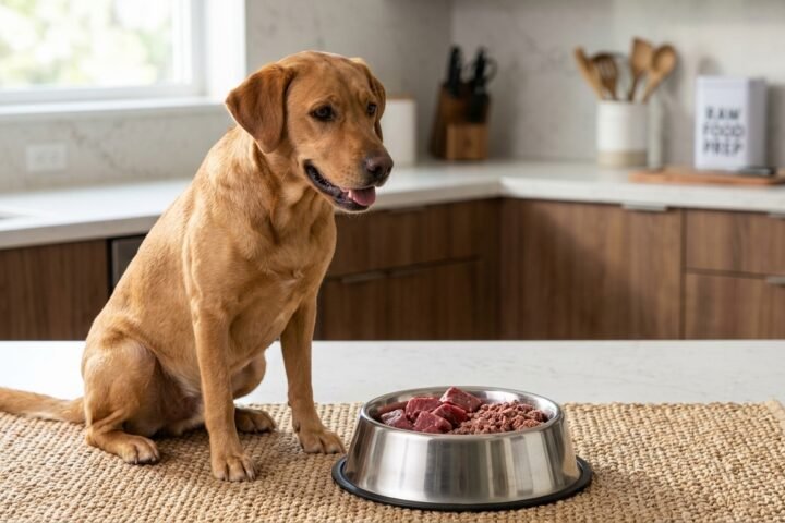 Can dogs eat raw meat safely? Dog sitting beside a bowl of raw beef.