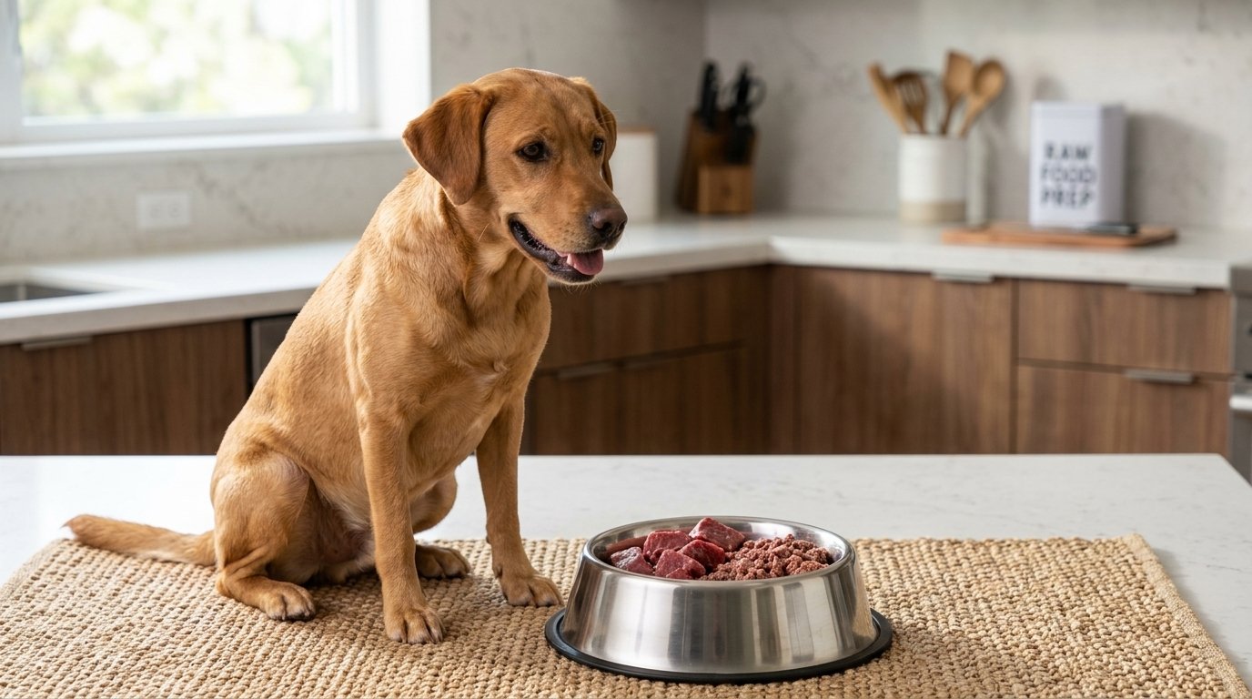 Can dogs eat raw meat safely? Dog sitting beside a bowl of raw beef.