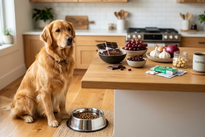 Dog sitting beside a bowl of food while dangerous ingredients are kept safely away