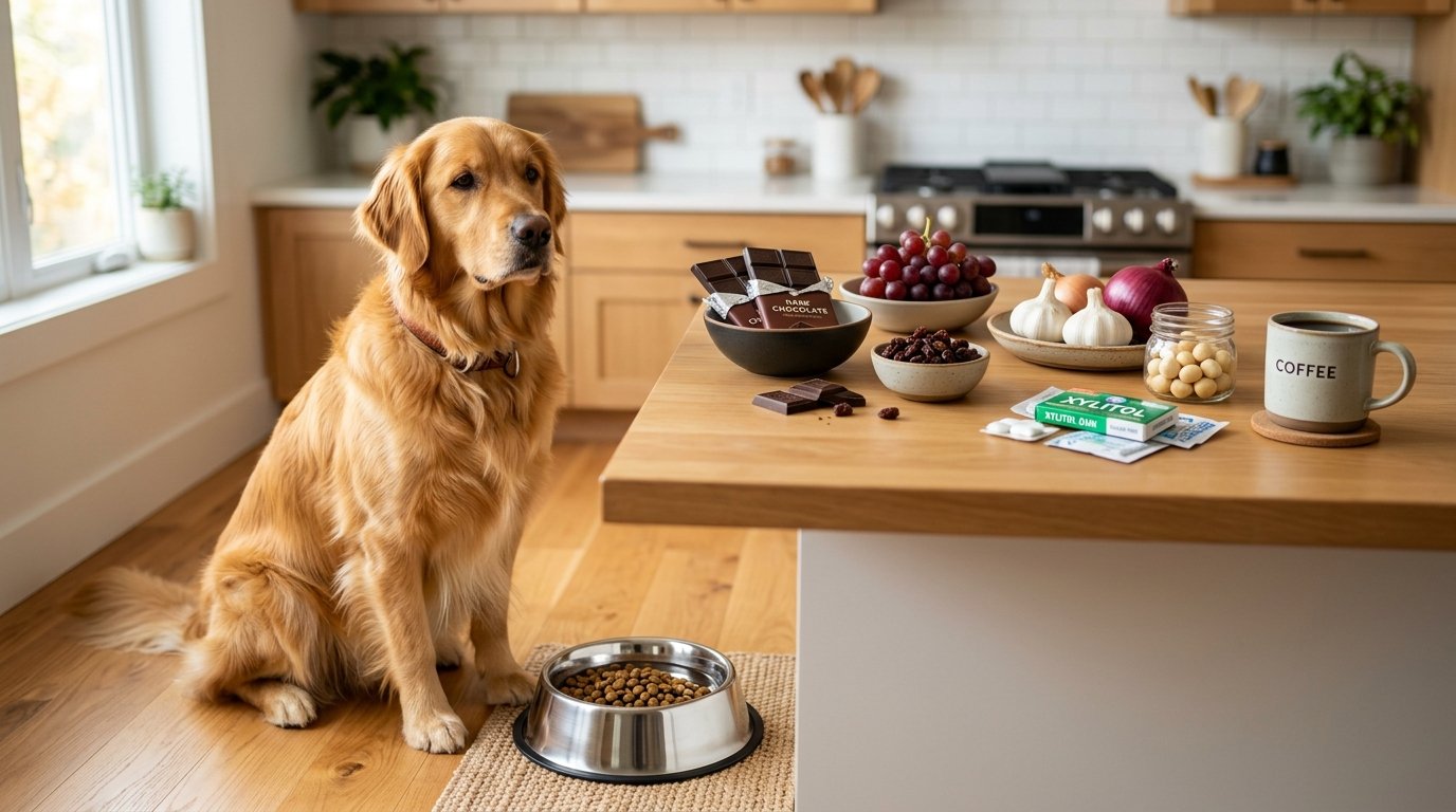 Dog sitting beside a bowl of food while dangerous ingredients are kept safely away