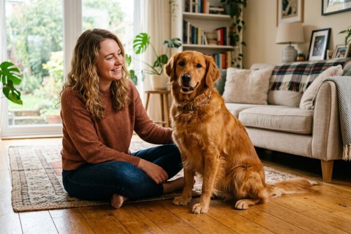 Calm dog sitting politely next to its owner in a bright living room