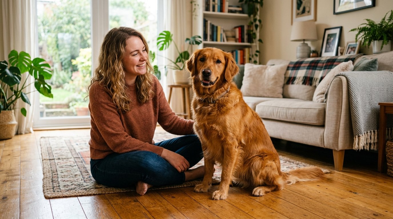 Calm dog sitting politely next to its owner in a bright living room