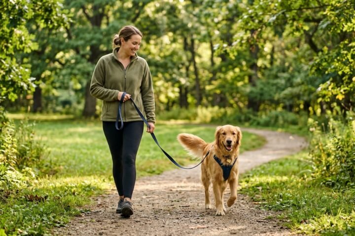 Healthy dog getting daily exercise during a walk with its owner