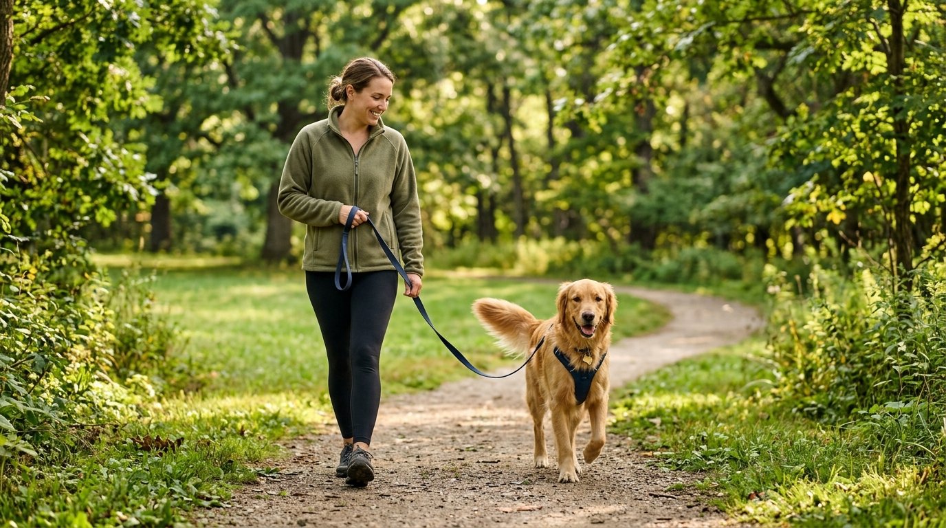 Healthy dog getting daily exercise during a walk with its owner