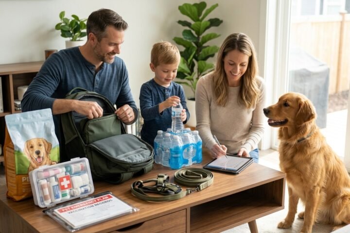 Dog Emergency Plan with essential disaster preparedness supplies for a safe evacuation