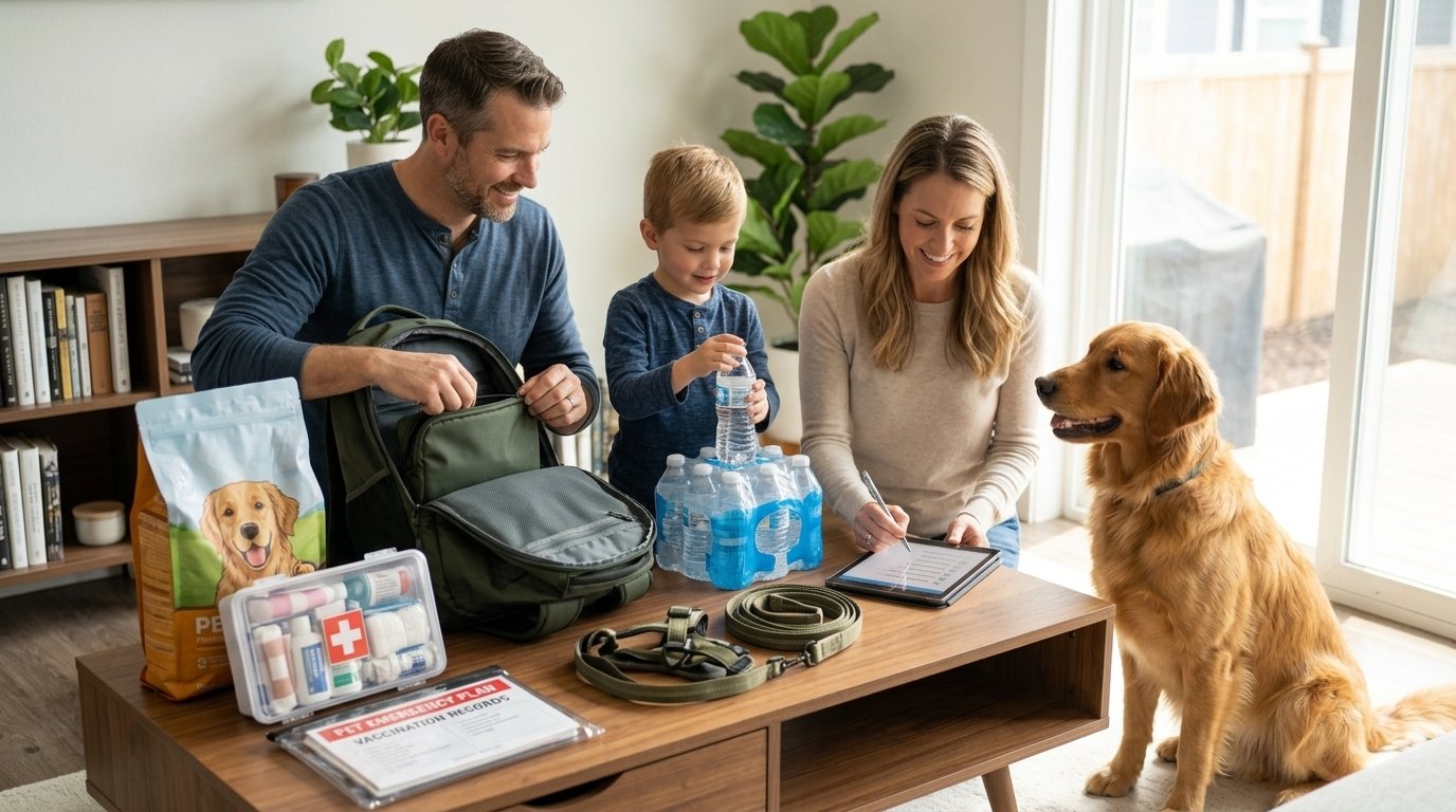 Dog Emergency Plan with essential disaster preparedness supplies for a safe evacuation