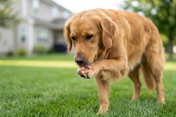 Grass allergies in dogs causing paw licking after outdoor exposure