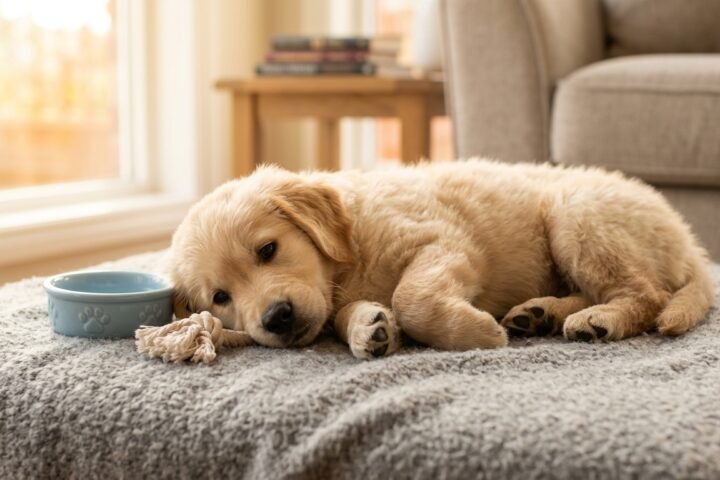 Golden retriever puppy lying on a blanket in a cozy living room during its first week home