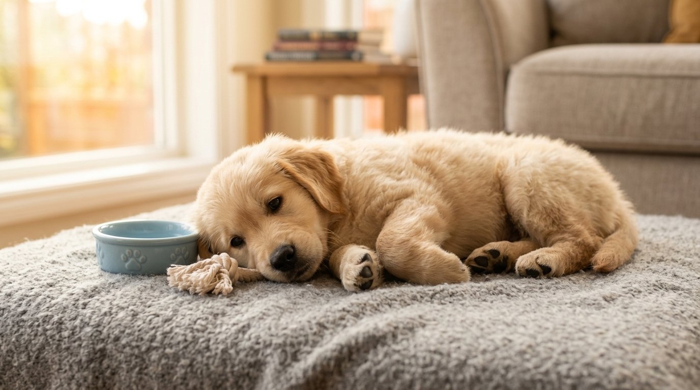 Golden retriever puppy lying on a blanket in a cozy living room during its first week home