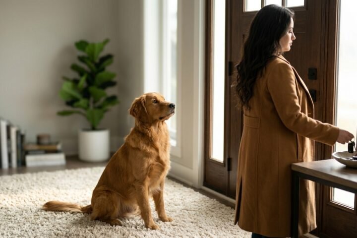 Separation anxiety in dogs showing a worried dog near the front door