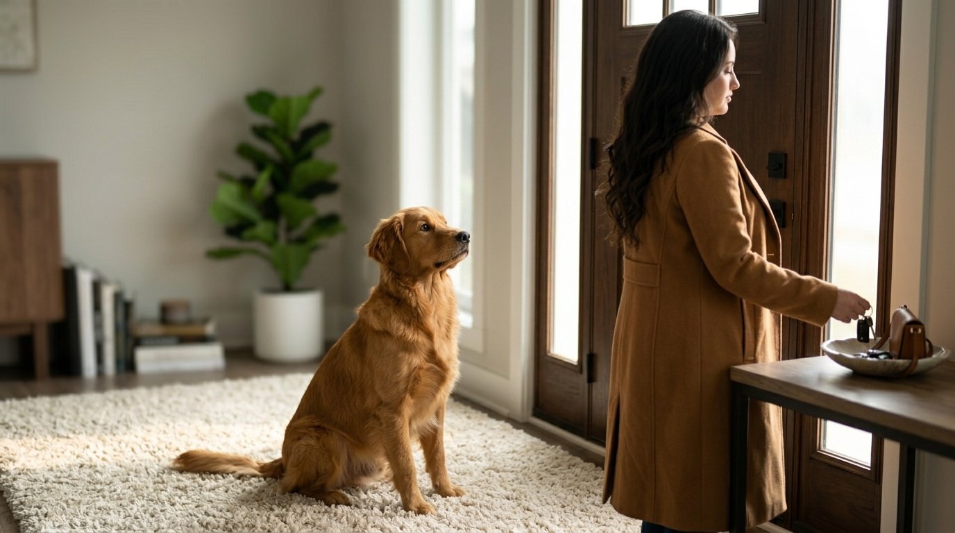 Separation anxiety in dogs showing a worried dog near the front door
