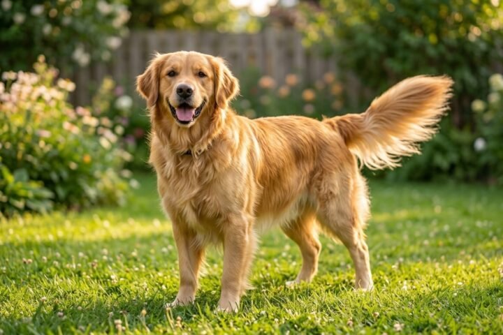 Golden retriever wagging its tail happily in a sunny backyard