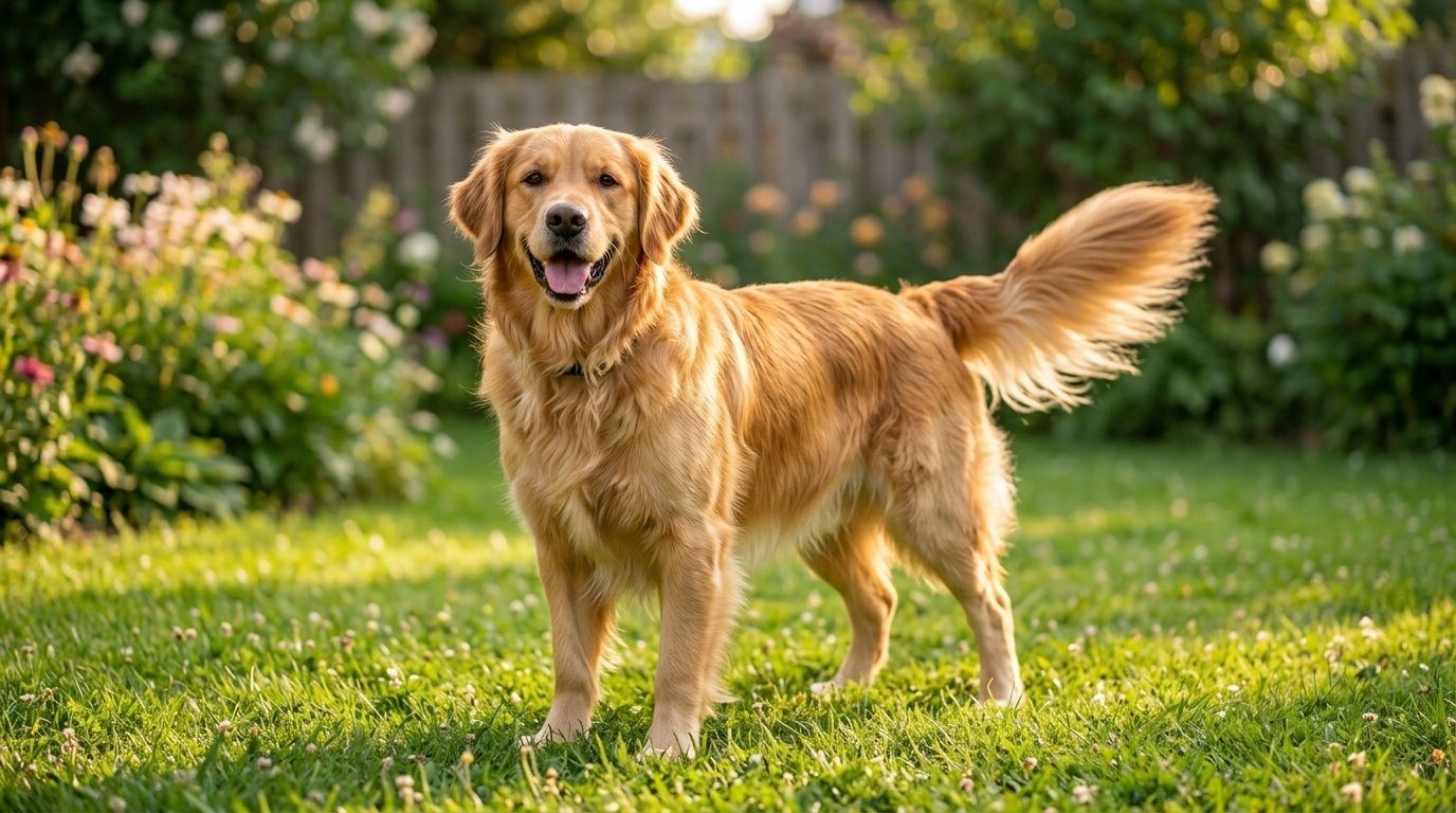 Golden retriever wagging its tail happily in a sunny backyard