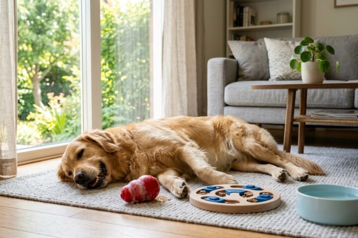 Dog enjoying indoor enrichment activities on a hot summer day