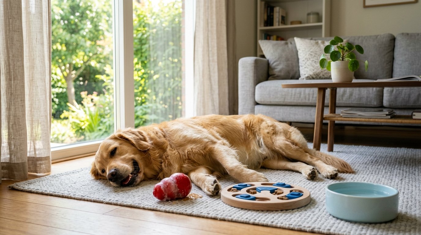 Dog enjoying indoor enrichment activities on a hot summer day
