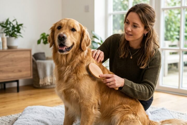 Golden retriever receiving gentle grooming for a healthy, shiny coat