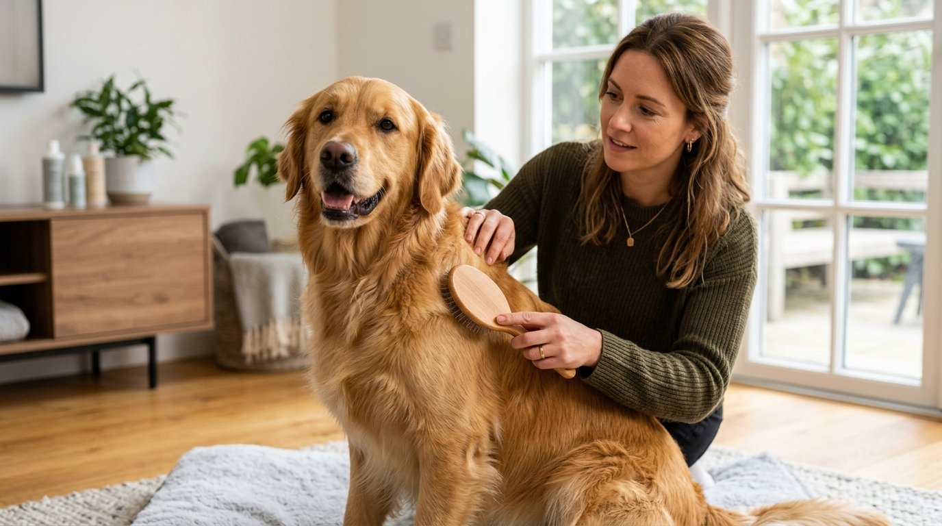 Golden retriever receiving gentle grooming for a healthy, shiny coat
