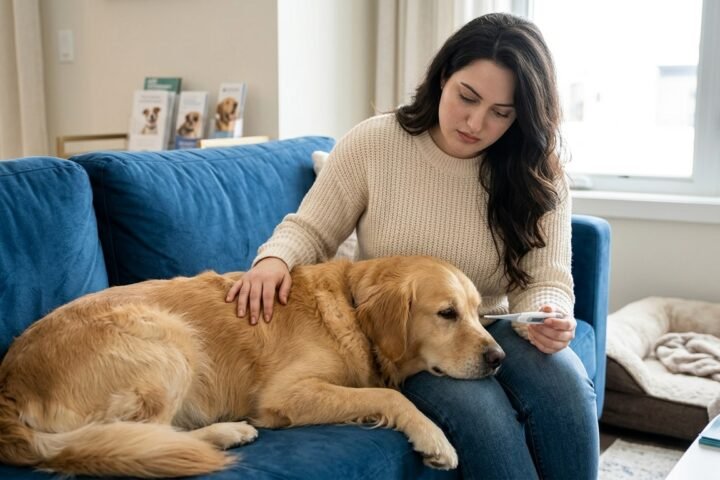 dog fever symptoms showing a sick dog being checked by its owner