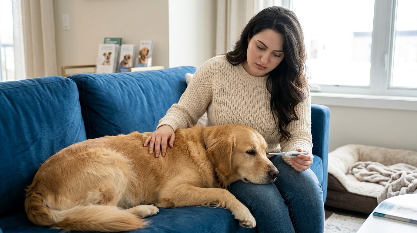 dog fever symptoms showing a sick dog being checked by its owner
