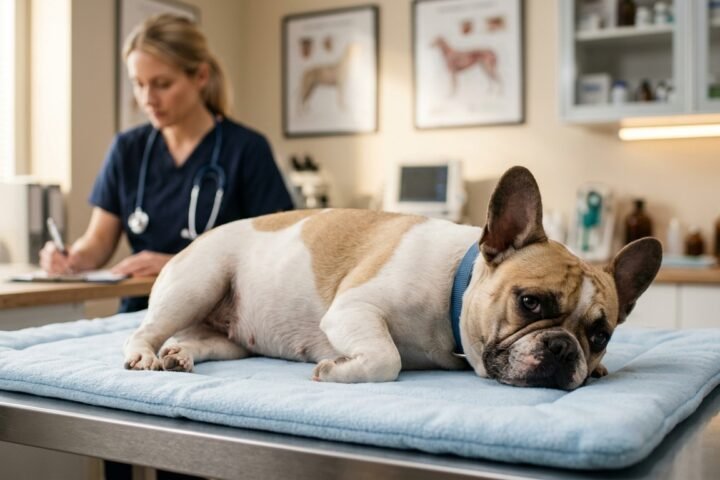 Pregnant brachycephalic dog resting safely while awaiting veterinary care