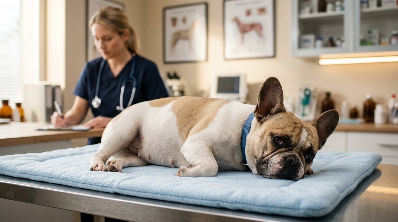 Pregnant brachycephalic dog resting safely while awaiting veterinary care