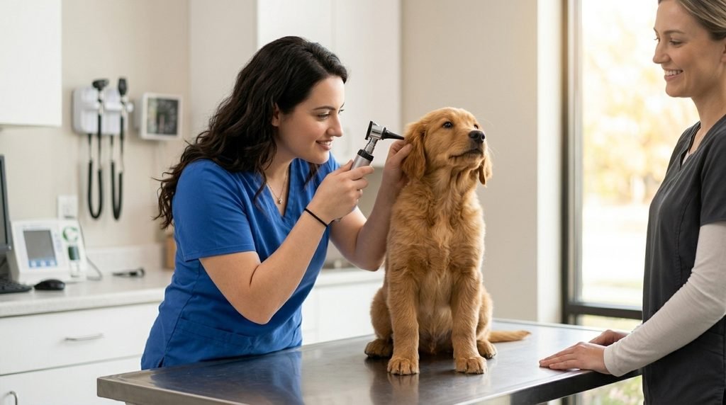 Veterinarian examining a dog with persistent hiccups and concerning symptoms