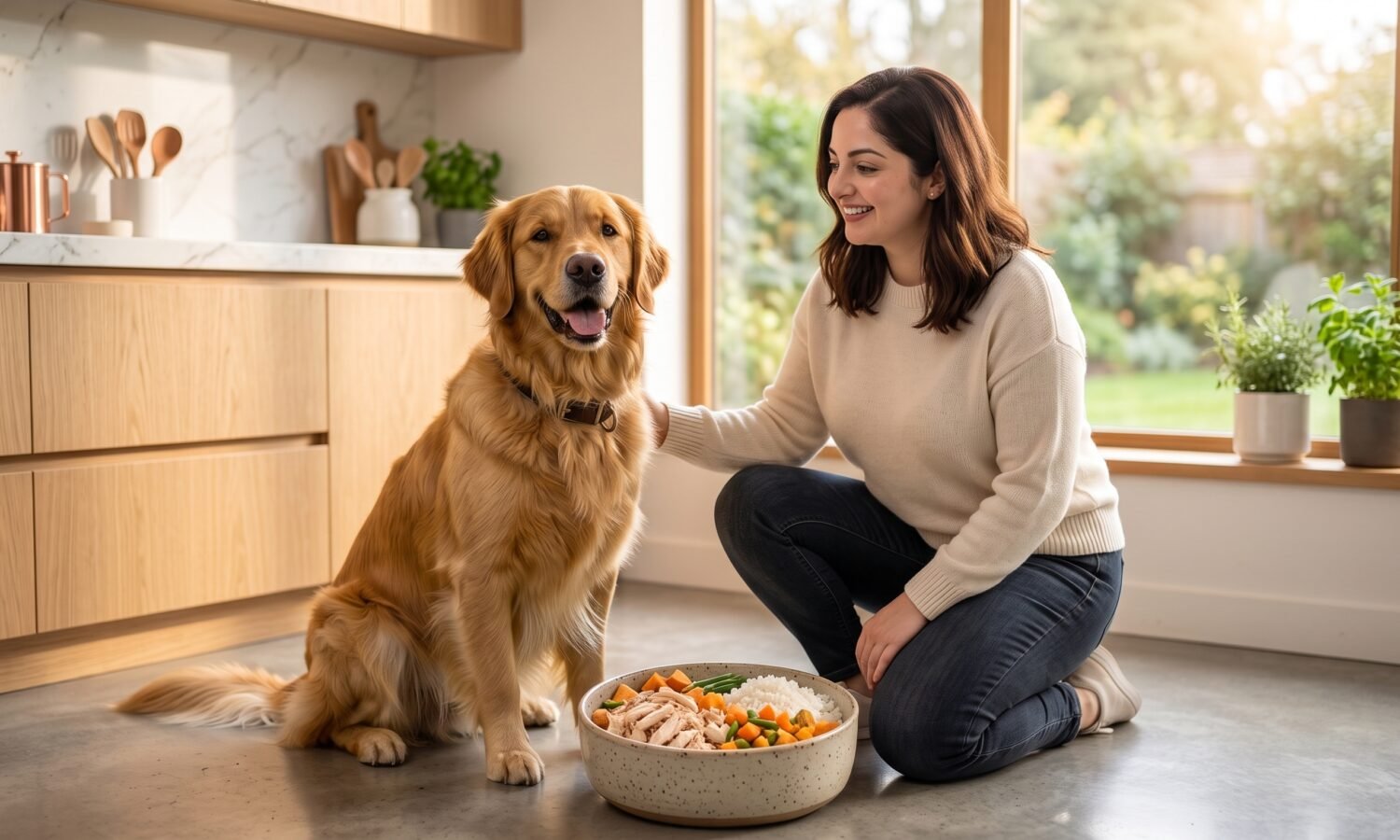 Homemade dog food recipe with chicken, rice, and vegetables for a Golden Retriever