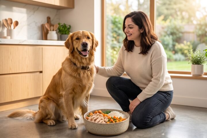 Homemade dog food recipe with chicken, rice, and vegetables for a Golden Retriever