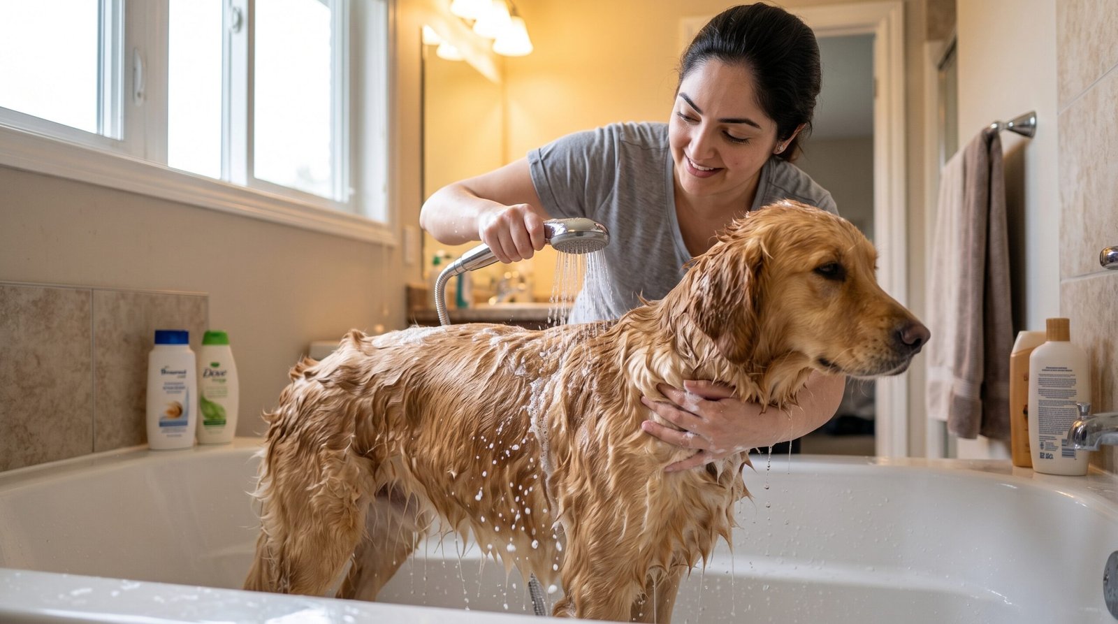 A smiling young female owner gently washing a happy golden retriever in a bright, modern white tiled bathtub.