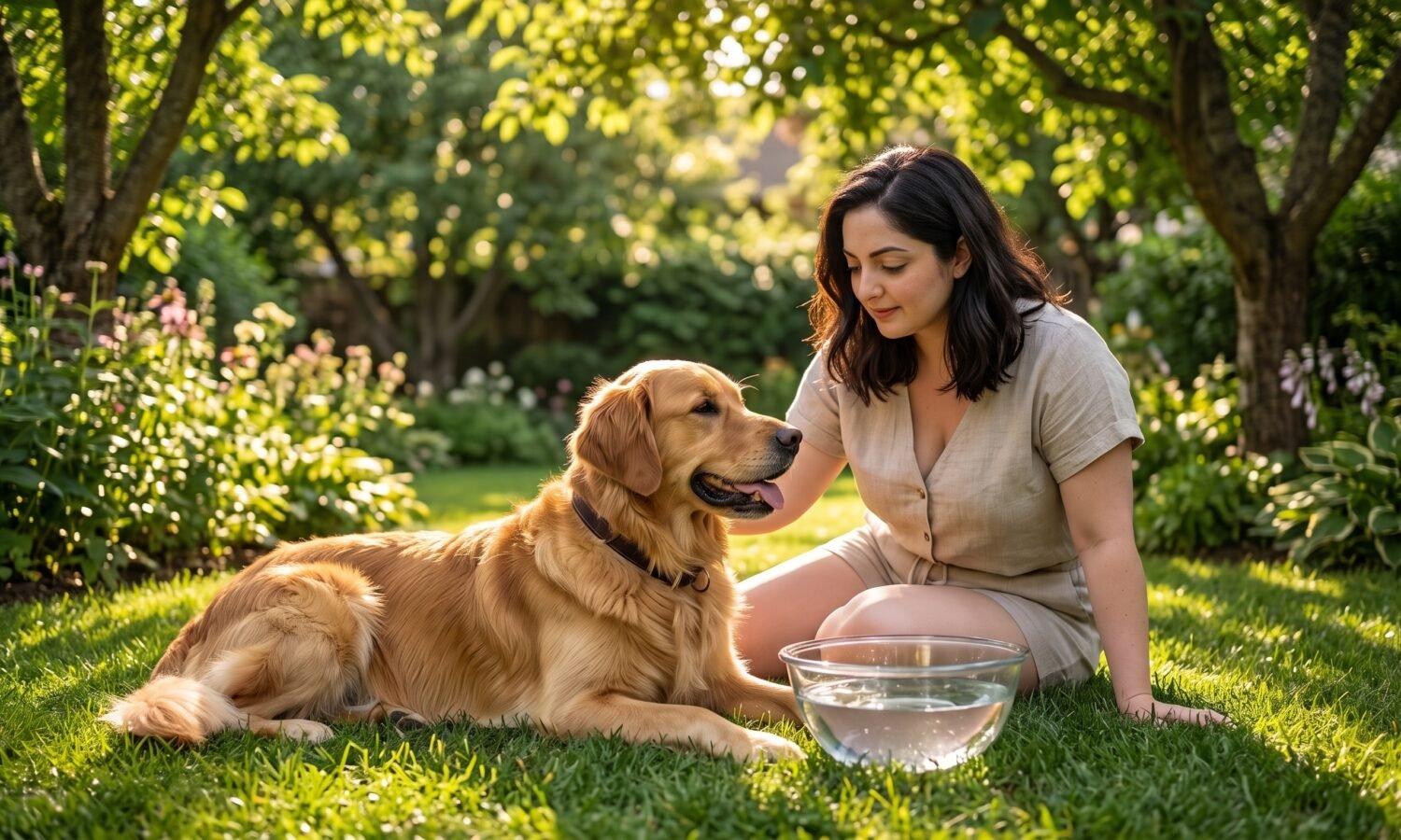 Alt Text: Dog care in summer with a Golden Retriever resting safely in shade with fresh water