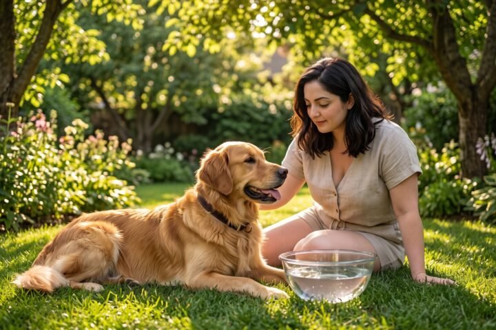 Alt Text: Dog care in summer with a Golden Retriever resting safely in shade with fresh water