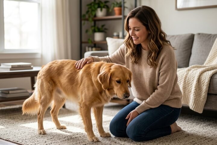 Woman gently comforting a dog showing signs of a stressed dog on the living room floor