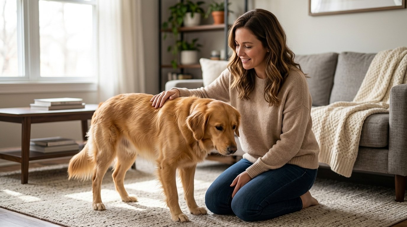 Woman gently comforting a dog showing signs of a stressed dog on the living room floor