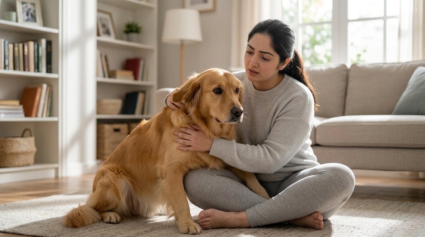 woman calming a stressed dog showing signs of anxiety