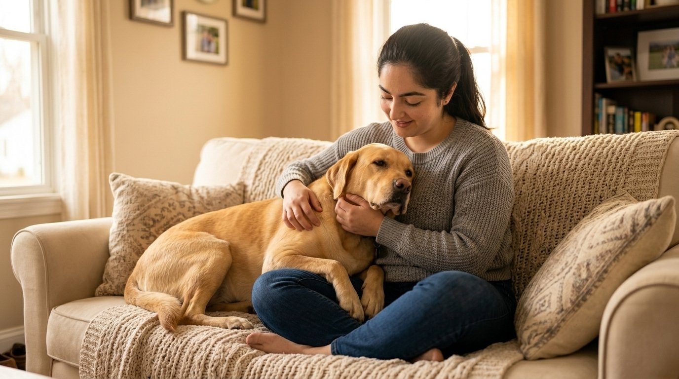 Woman comforting her dog to ease separation anxiety in dogs through calm bonding