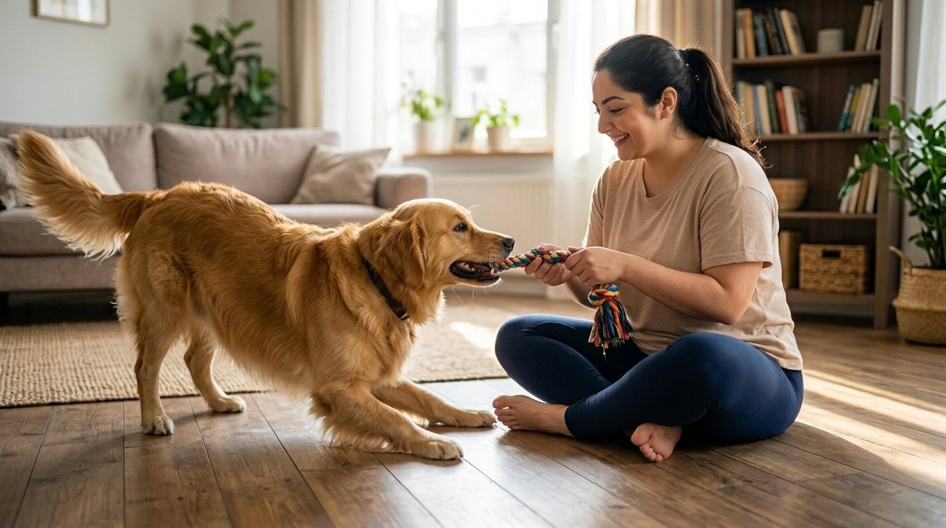 A woman playing with her dog, helping owners understand dog growl meaning during playtime.