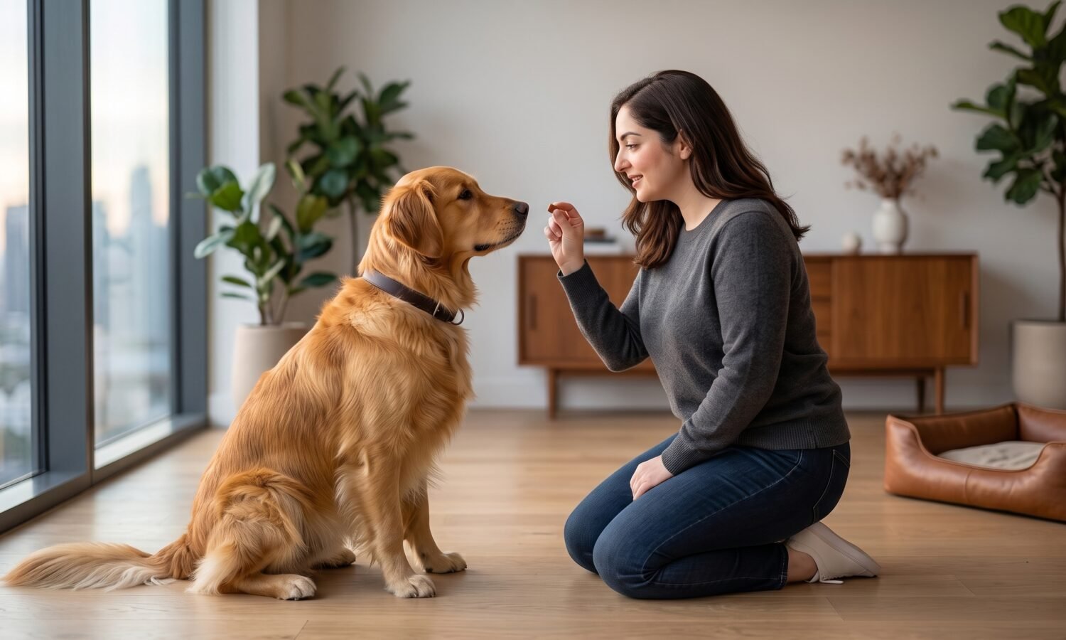 Woman teaching her Golden Retriever how to sit and stay