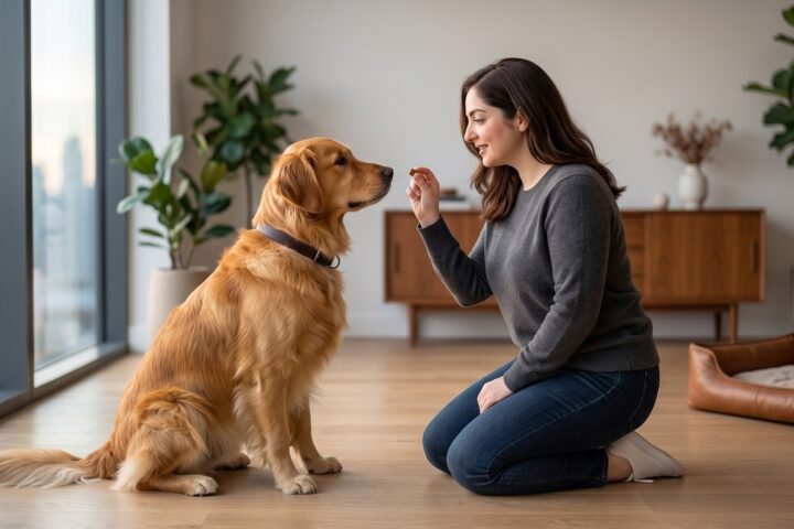 Woman teaching her Golden Retriever how to sit and stay