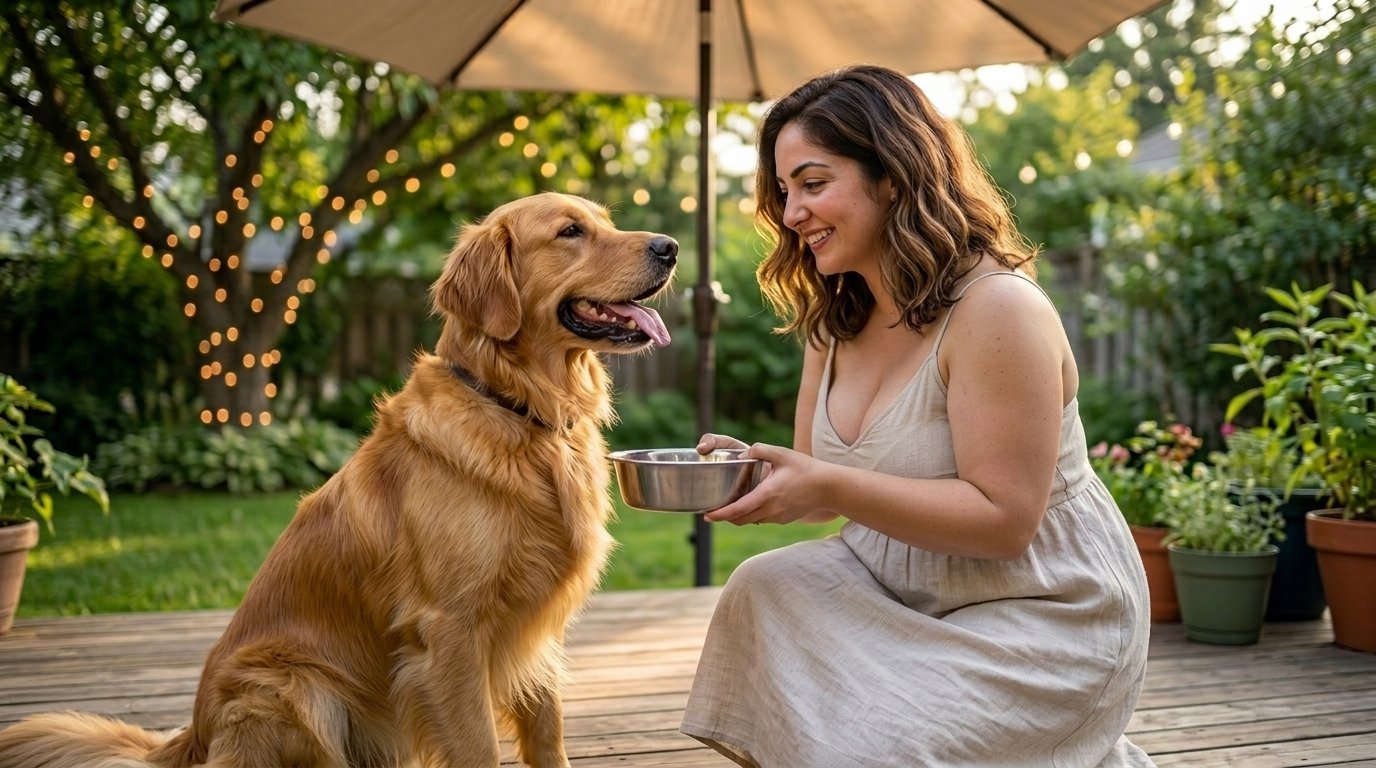 Preventing heatstroke in dogs — woman giving her golden retriever water in a shaded backyard