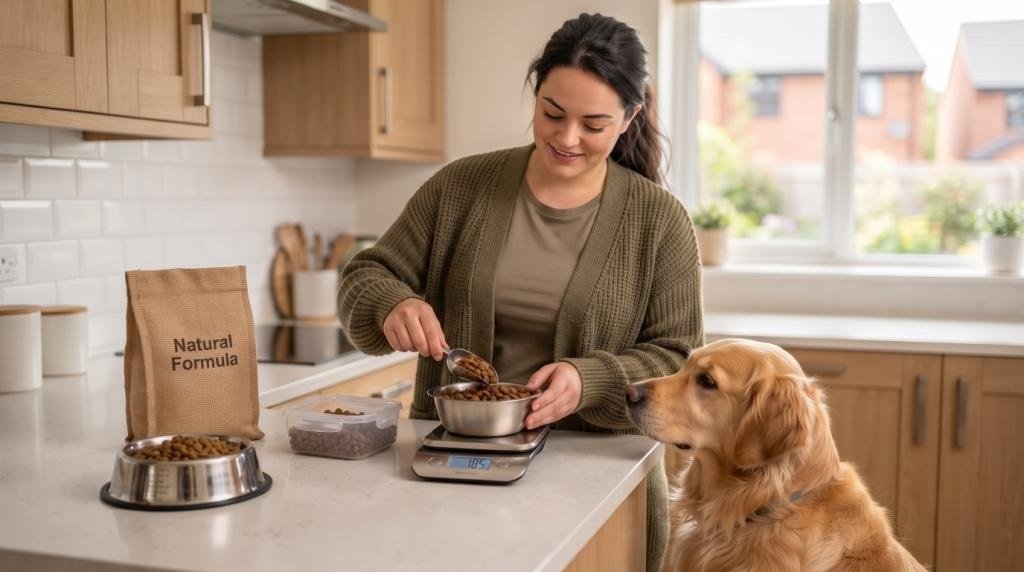 Dog owner accurately weighing a daily portion of dog food for weight management.