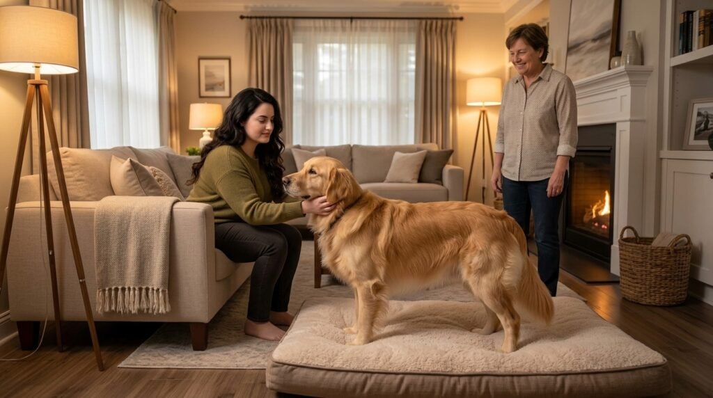 Visitor calmly petting a dog that keeps all four paws on the floor