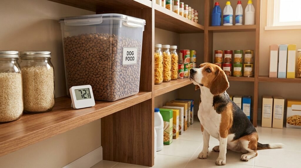 Sealed dog food stored in a cool dry indoor pantry away from heat and moisture