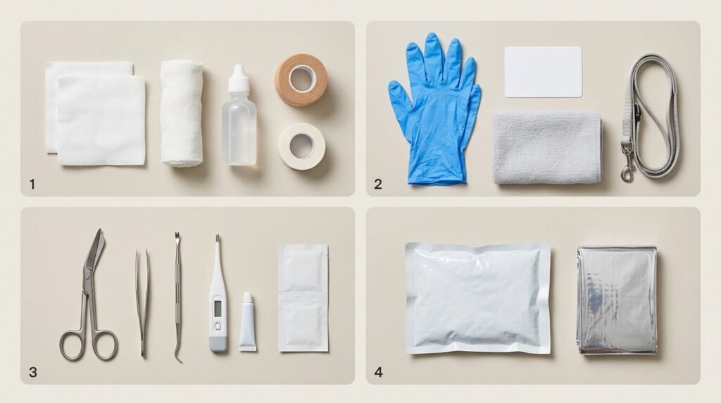 Essential dog emergency supplies arranged for a first aid kit checklist.