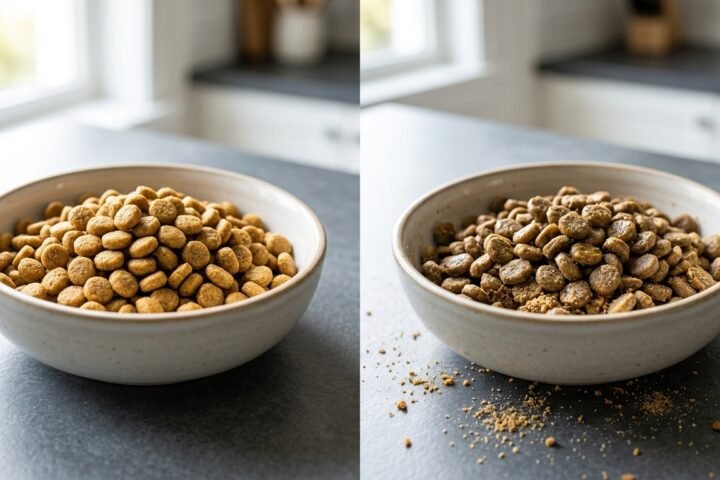 How to store dry dog food comparison showing fresh kibble next to spoiled pellets