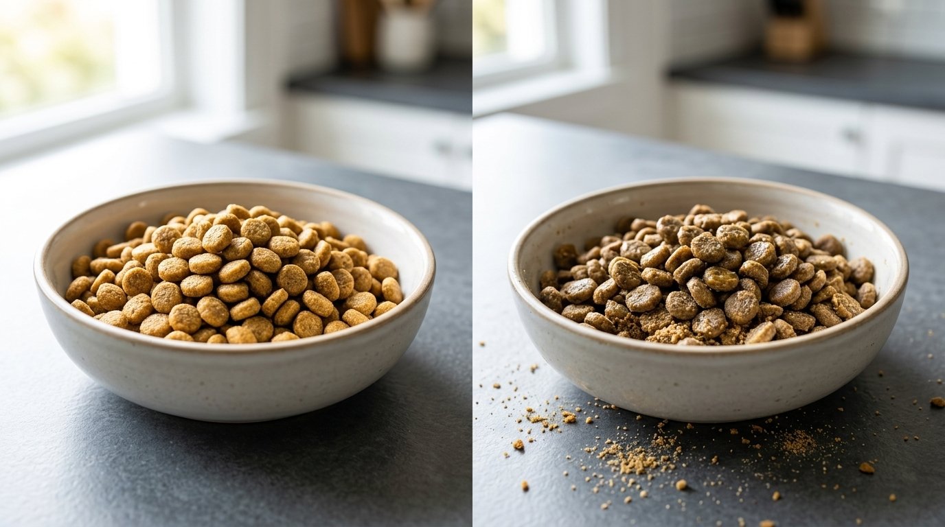 How to store dry dog food comparison showing fresh kibble next to spoiled pellets
